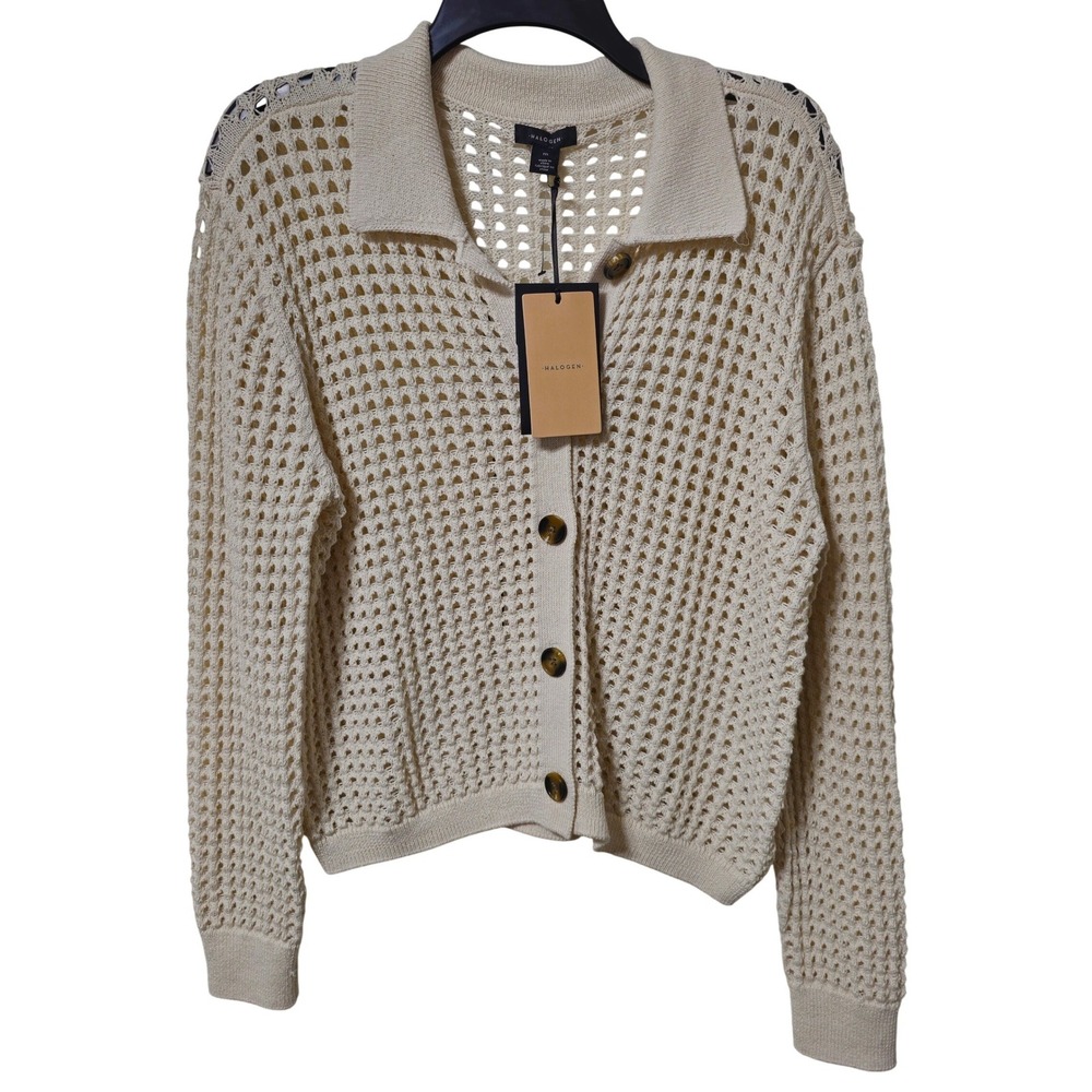 Halogen Womens Cream Open Knit Mesh Cardigan Sweater Polo Collar Size M NWT